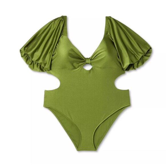 NWT Fe Noel Metallic Puff Sleeve Cut Out Medium Coverage One Piece Swimsuit - Picture 1 of 4